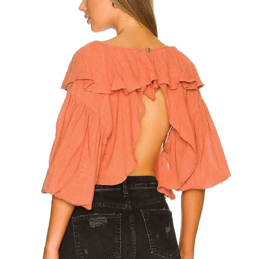FREE PEOPLE Open Back Ruffle Top NEW Gauze S Boho Peasant Cottagecore Festival
